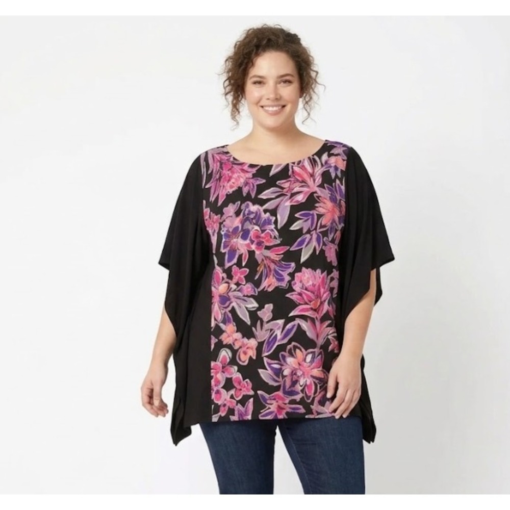 Bob Mackie size XL Purple Black Floral Stretch Knit Relaxed Flowy‎ Blouse